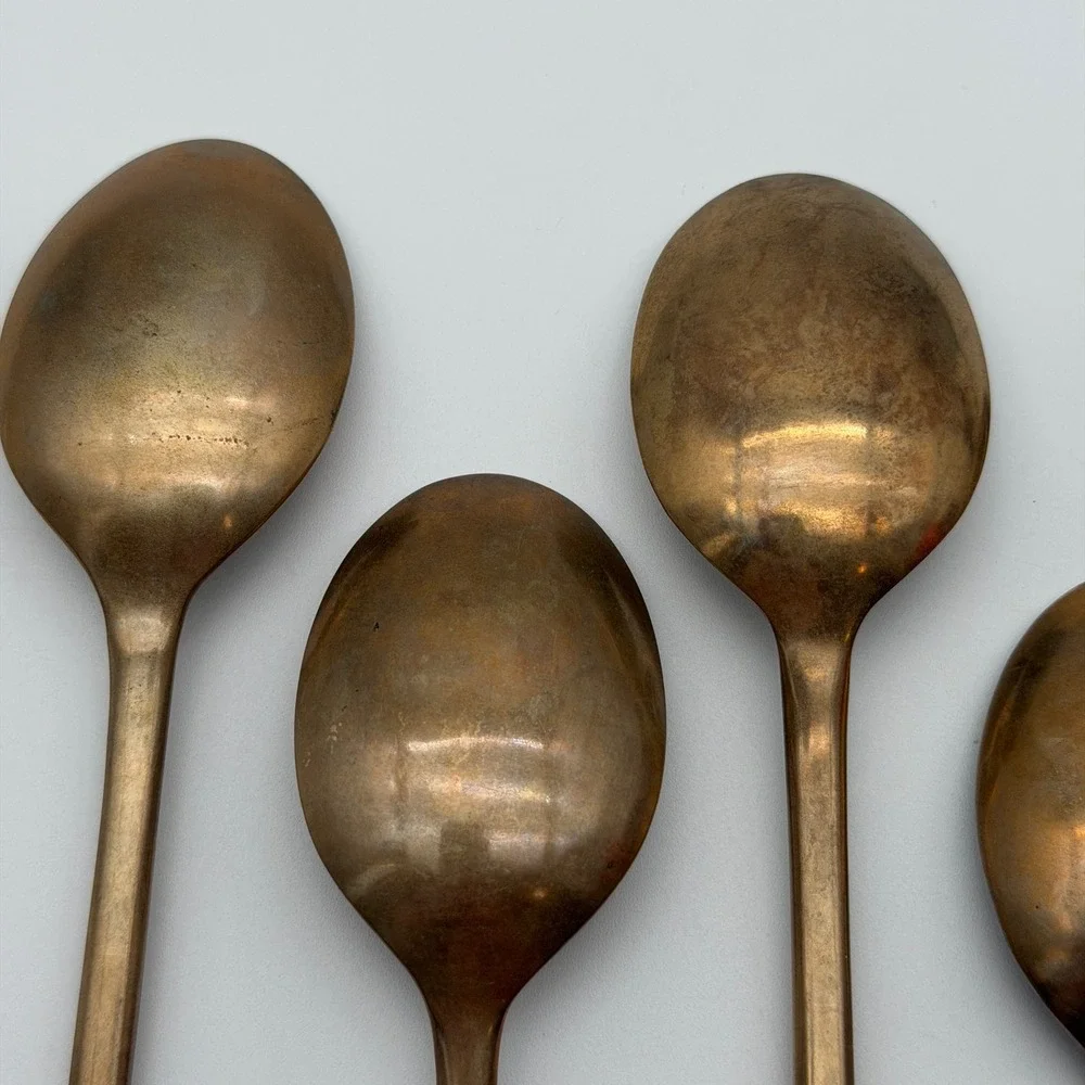Vintage Bronze Brass Spoons Set of 5 Mid Century Modern Fiddle Handle Gold Tone